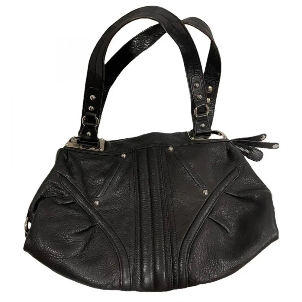 B Makowsky Black Leather satchel Pockets zippers Silver Hardware studs